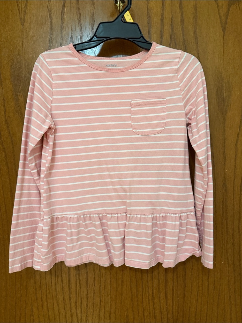Carter's UEC Sz L Pink and White Striped Long-Sleeve Peplum Top Pocket